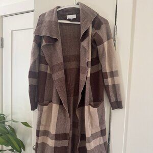 YAYA (Dutch Brand) Brown Beige Plaid Long Cardigan Duster Open Front in XS